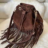 Suede Fringe Bucket Bag - Dark Brown