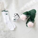 Plush Slippers - Green with Blush Pom Pom