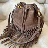 Suede Fringe Bucket Bag - Dark Brown