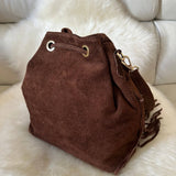 Suede Fringe Bucket Bag - Dark Brown