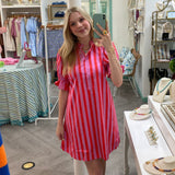 Stripe Button Puff Sleeve Dress
