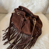 Suede Fringe Bucket Bag - Dark Brown