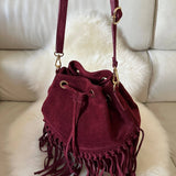 Suede Fringe Bucket Bag - Dark Brown