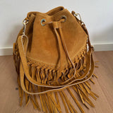 Suede Fringe Bucket Bag - Dark Brown
