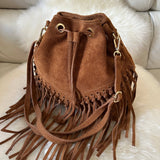 Suede Fringe Bucket Bag - Dark Brown