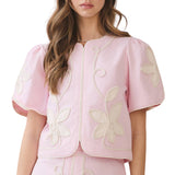 Floral Appliqué Short Puff Sleeve Structured Top - Pink