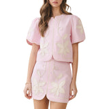 Floral Appliqué Short Puff Sleeve Structured Top - Pink