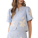 Floral Appliqué Short Puff Sleeve Structured Top - Baby Blue