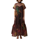 Botanical Print Sheer Overlay Tie-Neck Dress