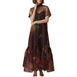Botanical Print Sheer Overlay Tie-Neck Dress