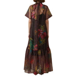 Botanical Print Sheer Overlay Tie-Neck Dress