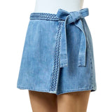 Braided Denim Waist Tie Wrapped Skort