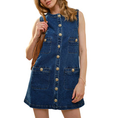 Button Front Sleeveless Denim Dress
