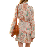 Cactus Vintage Print Pleated Mini Dress