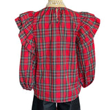 Christmas Red & Green Plaid Ruffle Balloon Sleeve Blouse