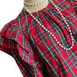 Christmas Red & Green Plaid Ruffle Balloon Sleeve Blouse