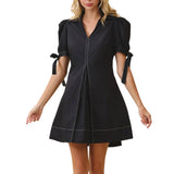 Collared V Neckline Pleated Detail A Line Dress