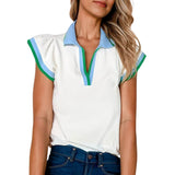 Colorblock Ruffle Sleeve V Neck Blouse
