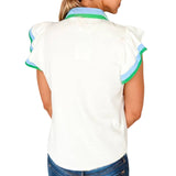 Colorblock Ruffle Sleeve V Neck Blouse