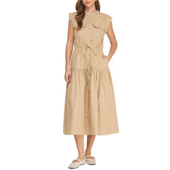 Contrast Piping Utility Midi Shirt Dress - Taupe