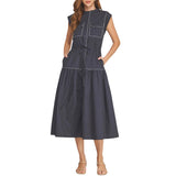 Contrast Piping Utility Midi Shirt Dress - Navy