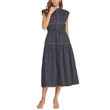 Contrast Piping Utility Midi Shirt Dress - Navy
