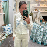 Cropped Floral Embroidered Polka Dot Shirt