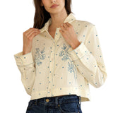 Cropped Floral Embroidered Polka Dot Shirt