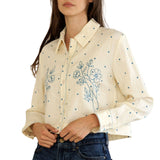 Cropped Floral Embroidered Polka Dot Shirt