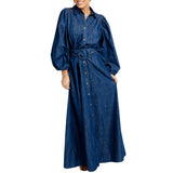 Denim Puff Slv Maxi Dress W/Belt