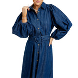 Denim Puff Slv Maxi Dress W/Belt