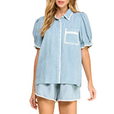 Denim White Stitched Trim Casual Shirt