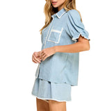 Denim White Stitched Trim Casual Shirt