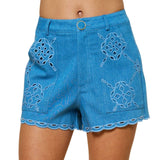 Embroidered Eyelet Scalloped Trim Denim Shorts