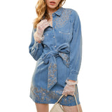 Embroidery Self Tie Denim Dress
