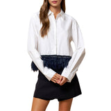 Feather & Beaded Hem Detail Long Sleeve Top