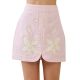 Floral Appliqué Front Slit Mini Skirt - Pink