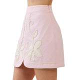 Floral Appliqué Front Slit Mini Skirt - Pink