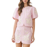 Floral Appliqué Front Slit Mini Skirt - Pink