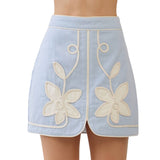 Floral Appliqué Front Slit Mini Skirt - Baby Blue