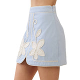 Floral Appliqué Front Slit Mini Skirt - Baby Blue