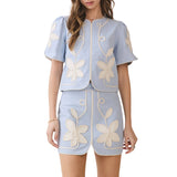 Floral Appliqué Front Slit Mini Skirt - Baby Blue