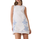 Floral Appliqué Round Neck Shift Mini Dress