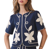 Floral Appliqué Short Puff Sleeve Structured Top - Navy