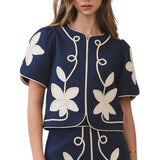 Floral Appliqué Short Puff Sleeve Structured Top - Navy