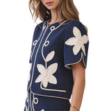 Floral Appliqué Short Puff Sleeve Structured Top - Navy