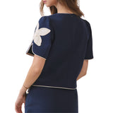 Floral Appliqué Short Puff Sleeve Structured Top - Navy