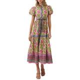 Floral Border Print Tie Waist Maxi Dress