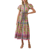 Floral Border Print Tie Waist Maxi Dress