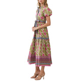 Floral Border Print Tie Waist Maxi Dress